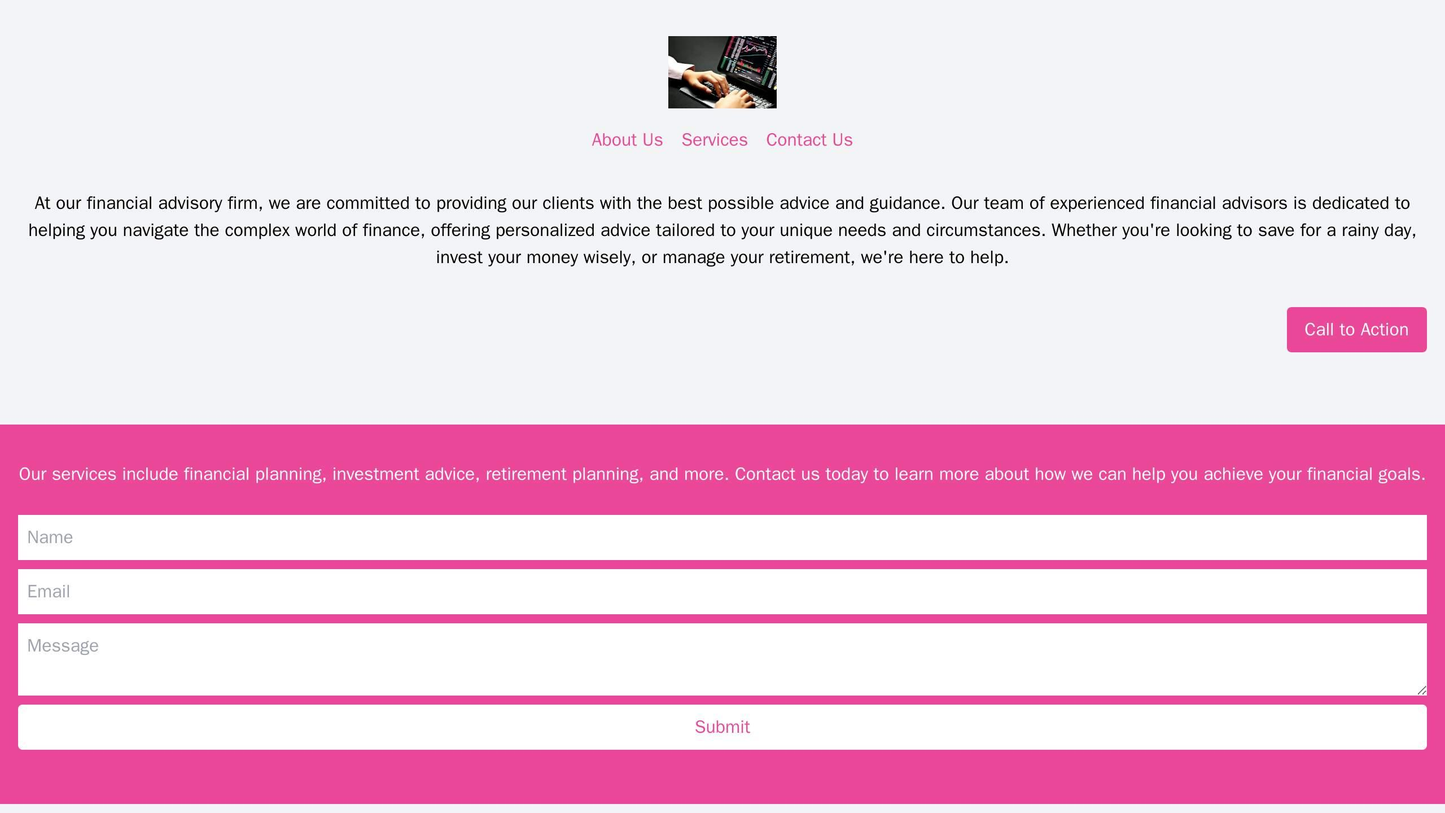 A financial advisory firm site with a centered logo, a top navigation bar with "About Us", "Services", and "Contact Us" Web Template 3646