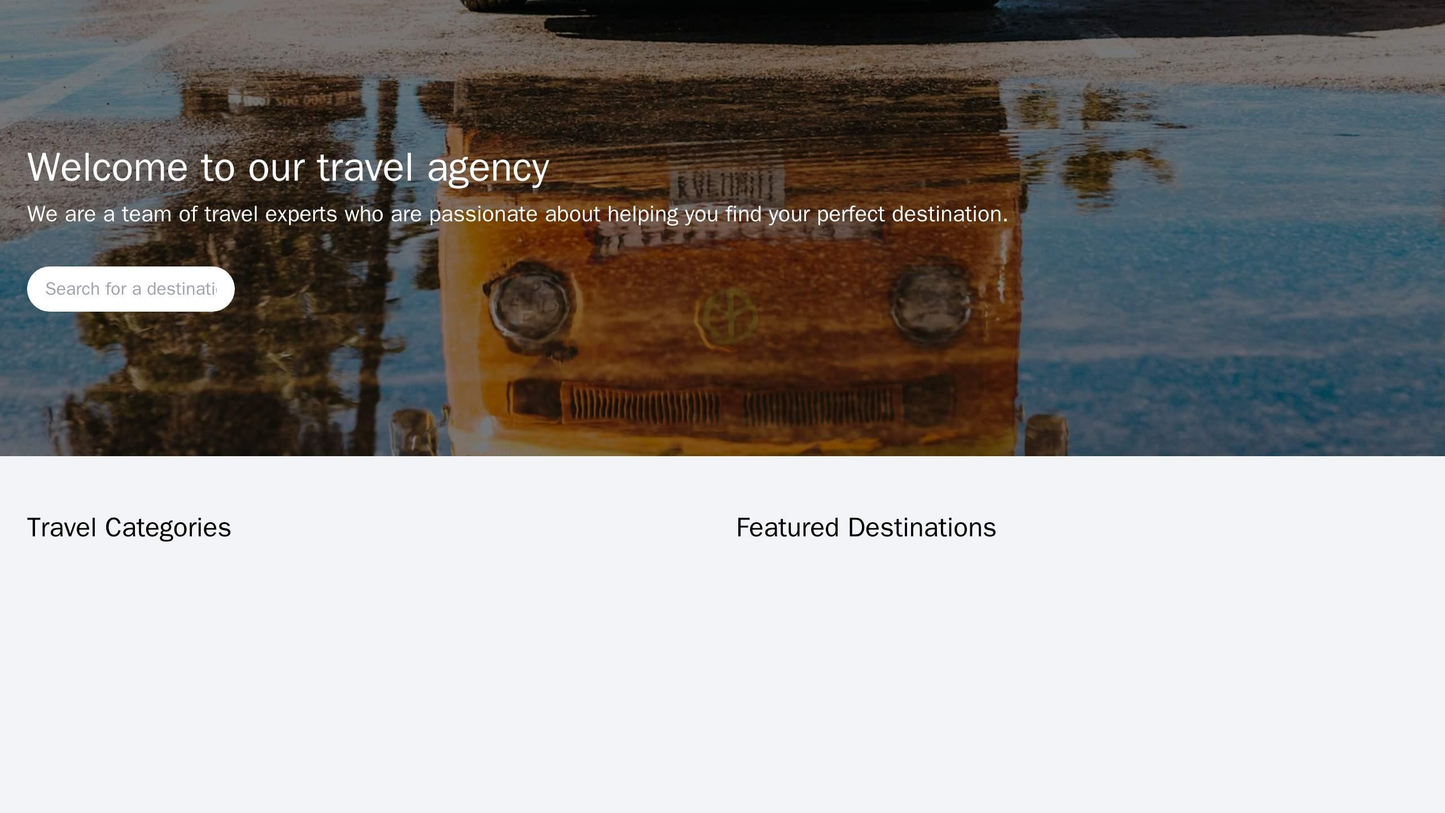 A travel agency site with a hero image of a beautiful destination, a search bar and two columns, one displaying various Web Template 4803