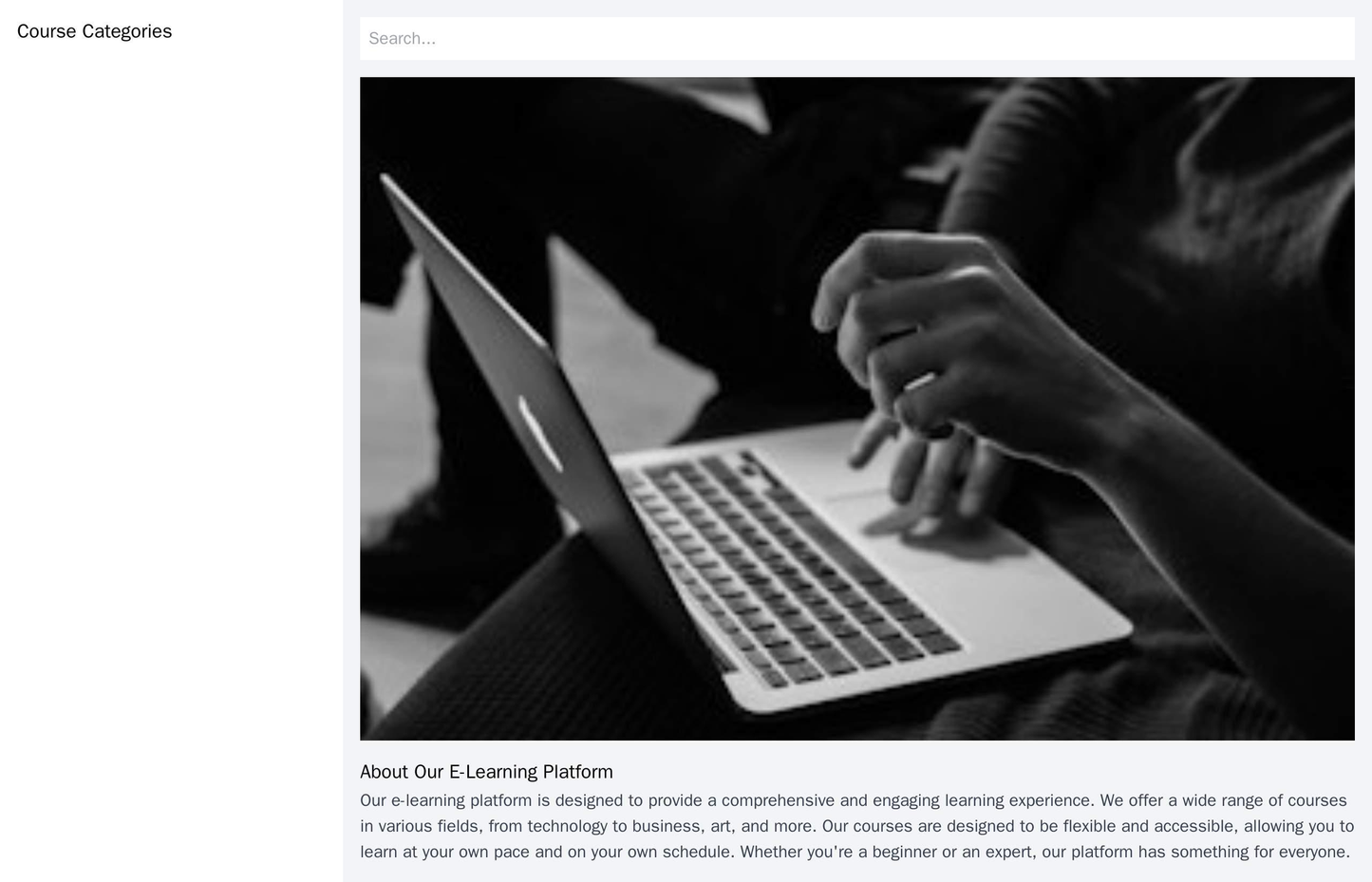 E-Learning Platform: A modern layout with a left sidebar for course categories, a full-width search field, and a large, Web Template 4410