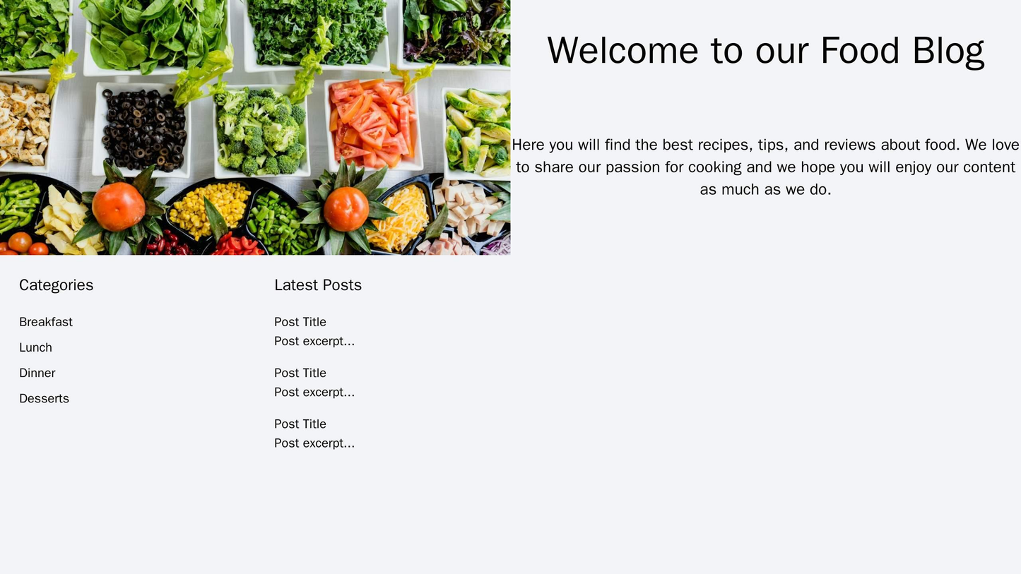 Food Blog: A warm and inviting layout with a left sidebar featuring categories, a large hero image of a delicious meal, Web Template 3737