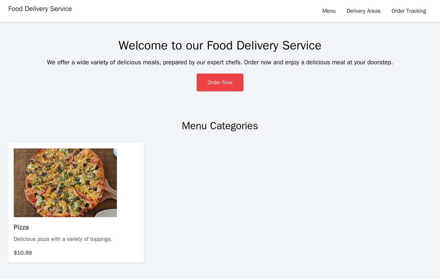 Food Delivery Service: A site with a hero section for a large image and call-to-action to "Order Now." Below it, a grid Web Template 4784