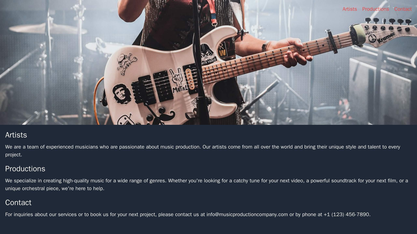 Music Production Company Website: A grungy and edgy website design with a full-width header image of a concert or music Web Template 3338