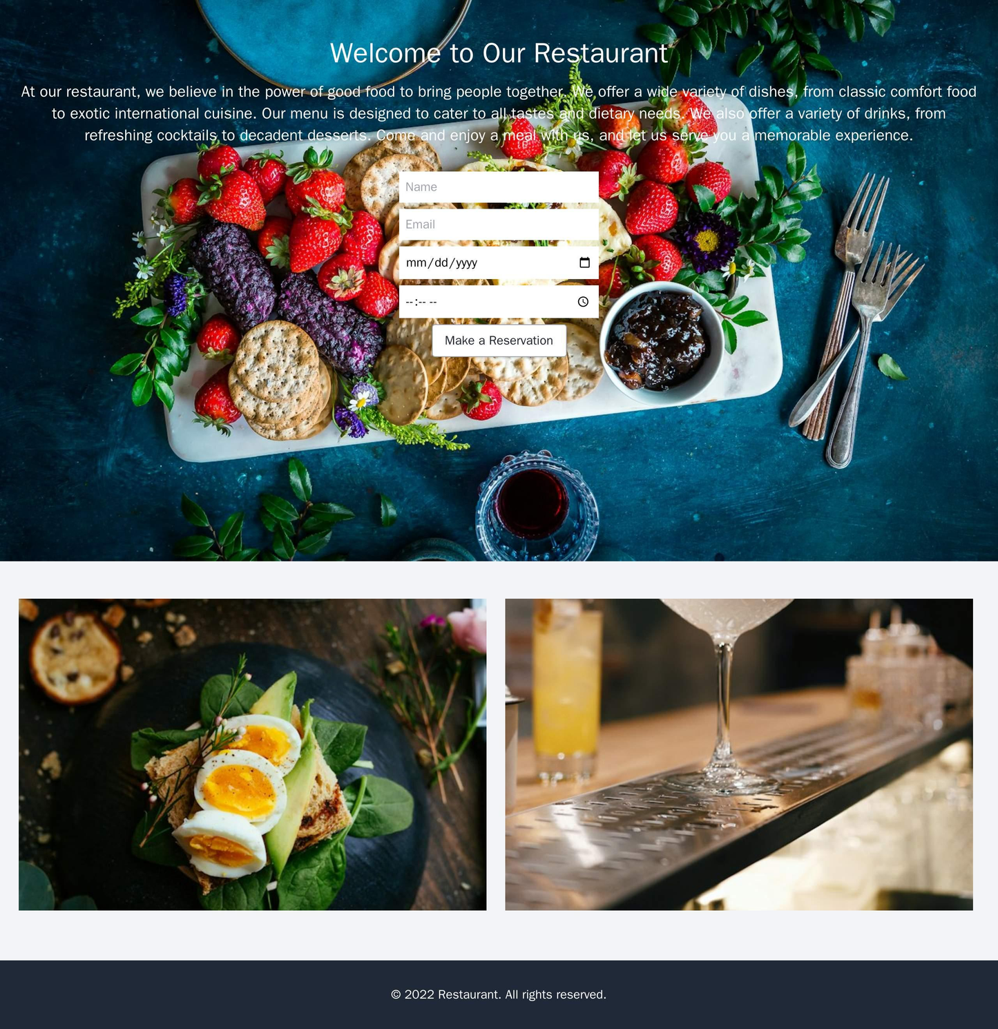 Restaurant: A warm and inviting design with a header image of a delicious meal, a reservation form, a two-column layout Web Template 3951