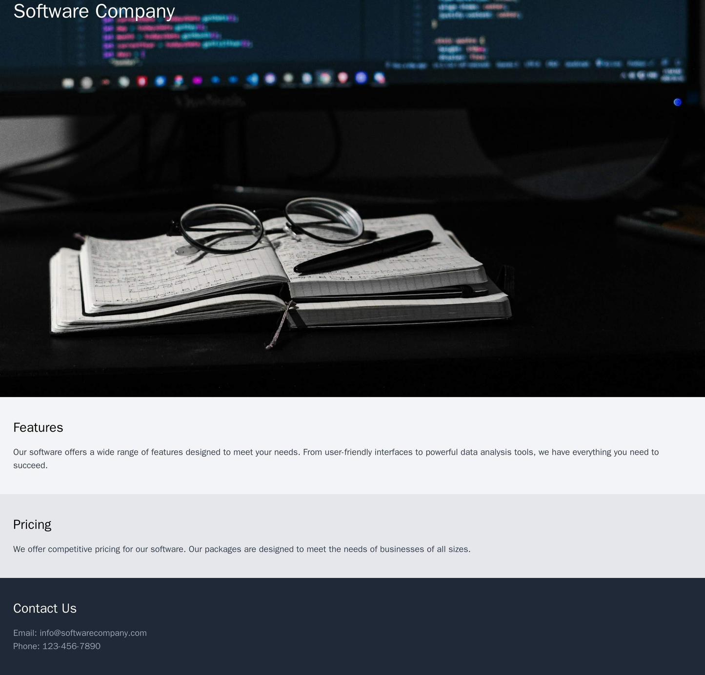 Software Company: A single-page layout with a full-screen header image of the software in action, followed by features, Web Template 3655