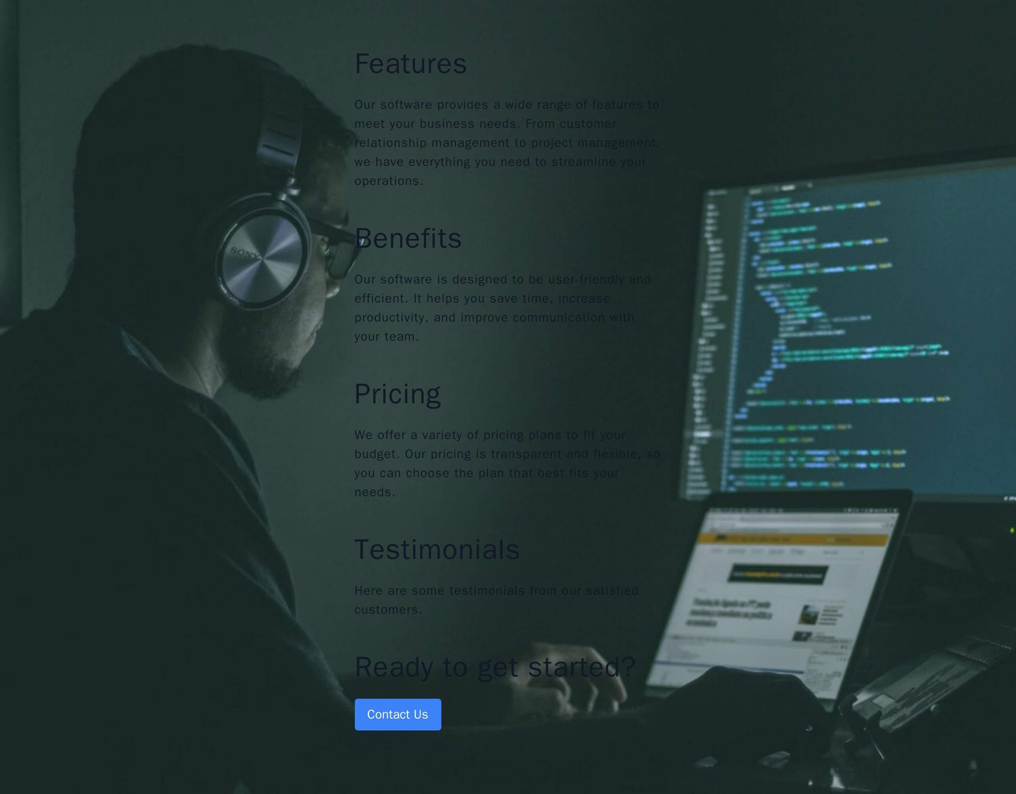 Software Company Site: A single-page design with sections for features, benefits, pricing, customer testimonials, and a Web Template 3421