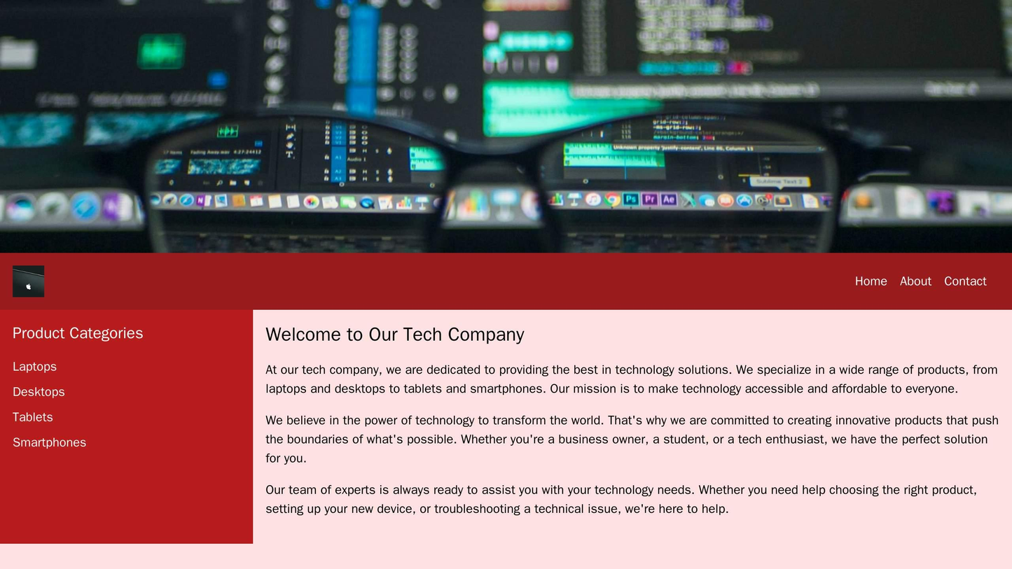 Tech Company: A modern layout with a full-width header image, a left sidebar featuring product categories, and a clean, Web Template 3735
