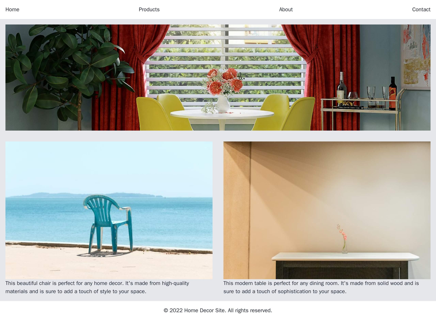 A home decor site with a full-width background image and a minimalist menu at the top. The content area is split into tw Web Template 1718