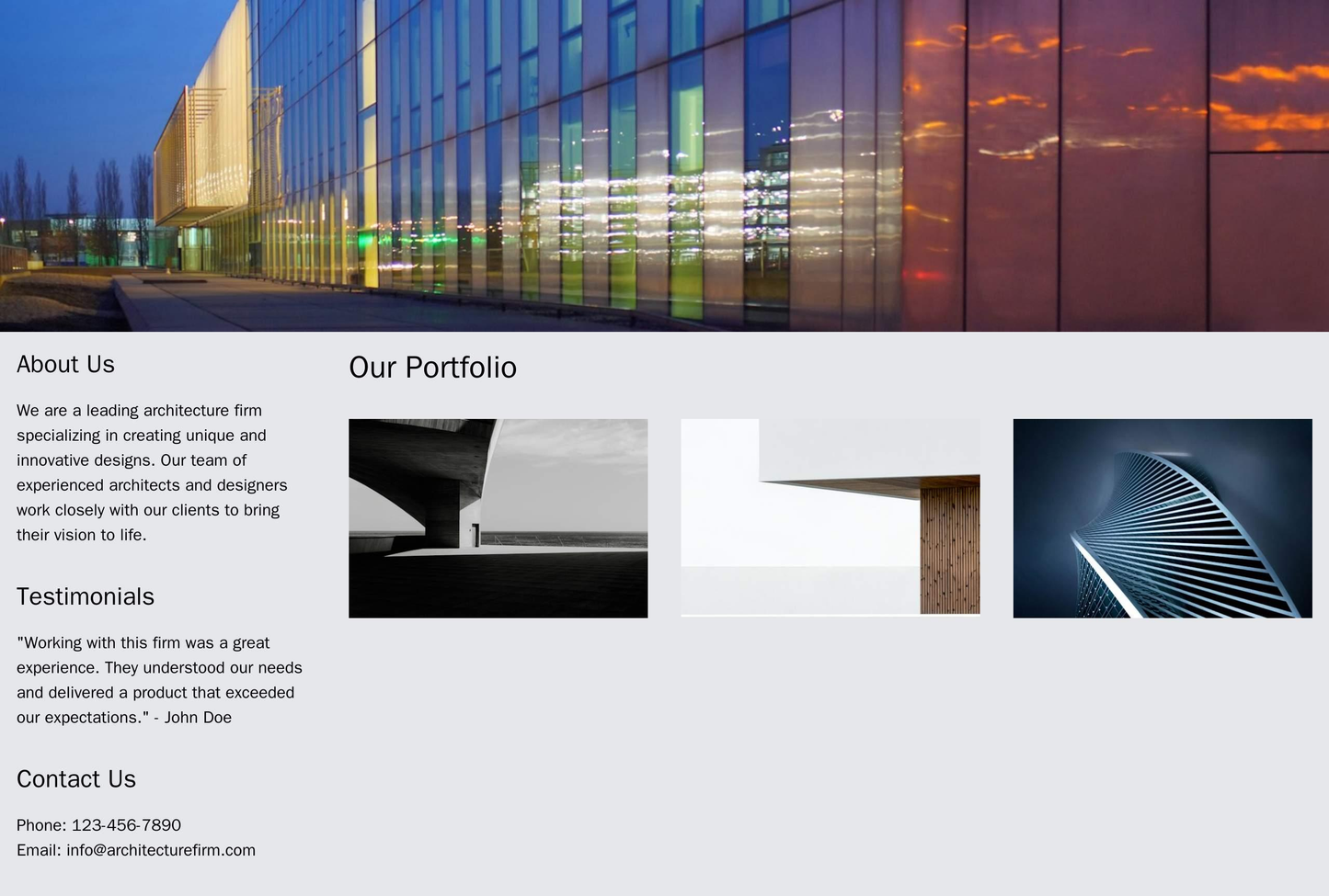Architecture Firm: A full-width header image of a building design. The main content area displays the firm's portfolio, Web Template 888