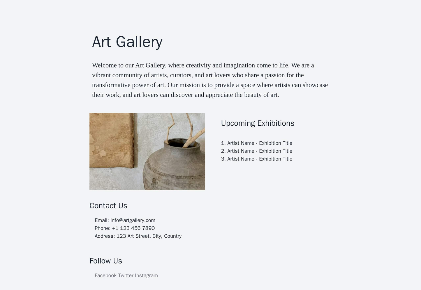 Art Gallery: A visually striking design featuring a large central image rotator for artwork, a sidebar showing upcoming Web Template 1930