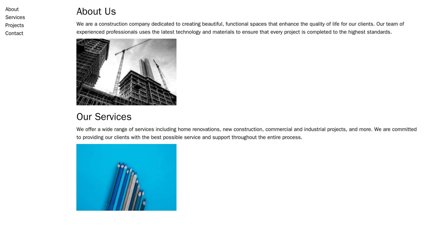 Construction Company: A full-screen, one-page design with a photo of a construction site and a vertical navigation menu Web Template 1200