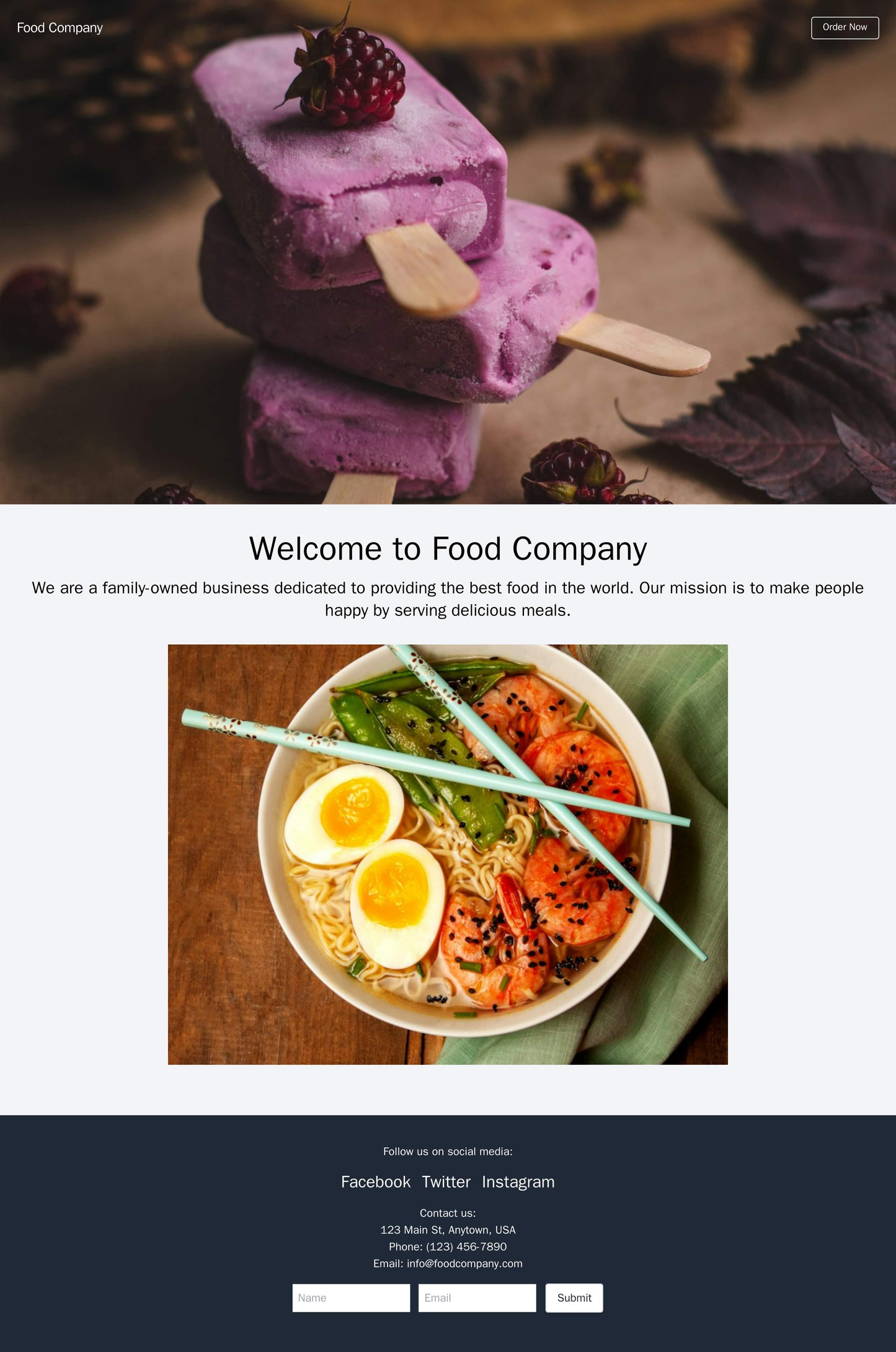 Food Company: A mouth-watering design with a full-width hero image of a delicious meal. The navigation bar is placed at Web Template 1521