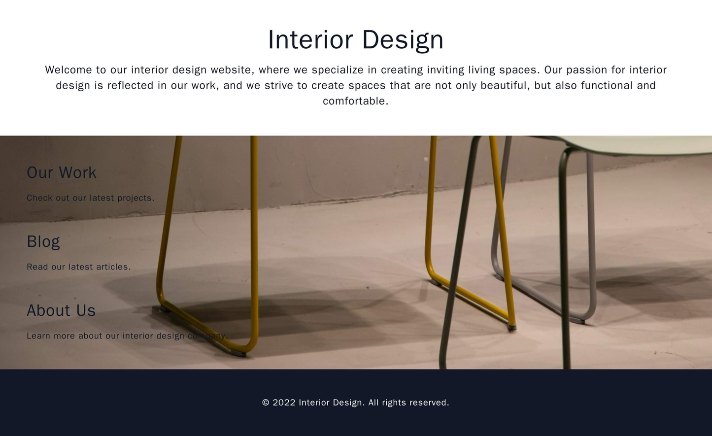 Interior Design: A design with a full-width header image of an inviting living space, where content can be overlaid and Web Template 384