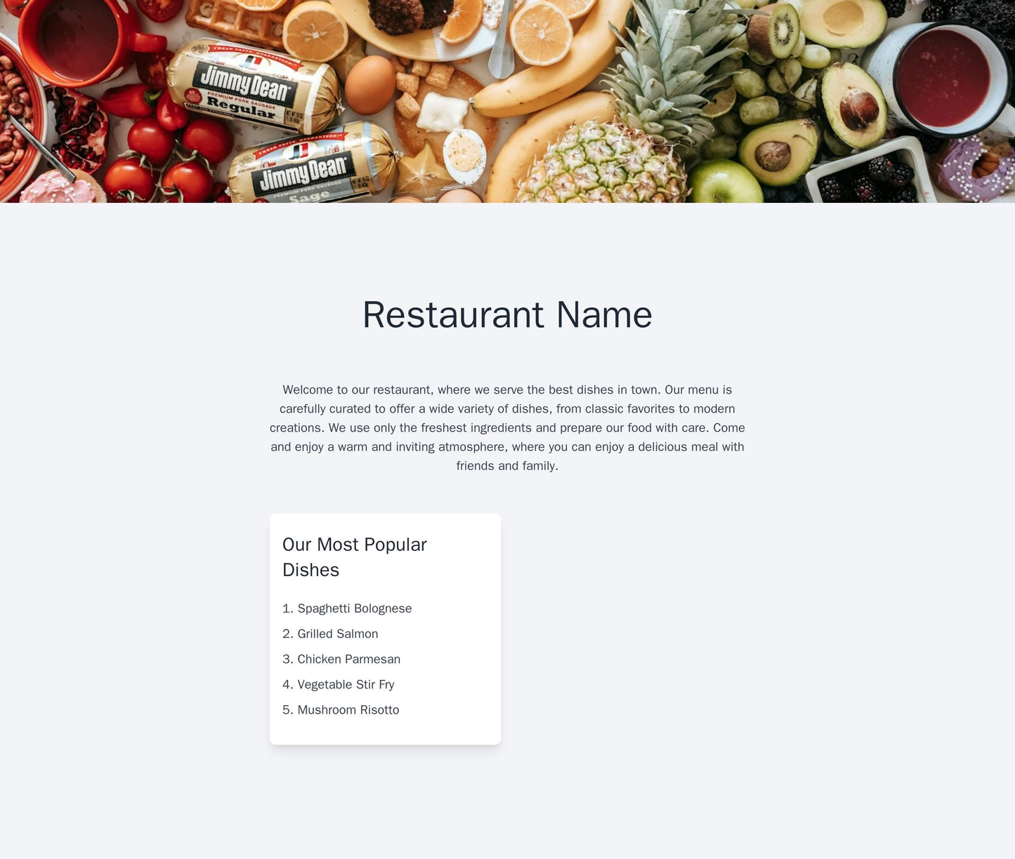 Restaurant: A warm and inviting layout with a full-width image of a dish at the top of the page, a centered logo, and a Web Template 286
