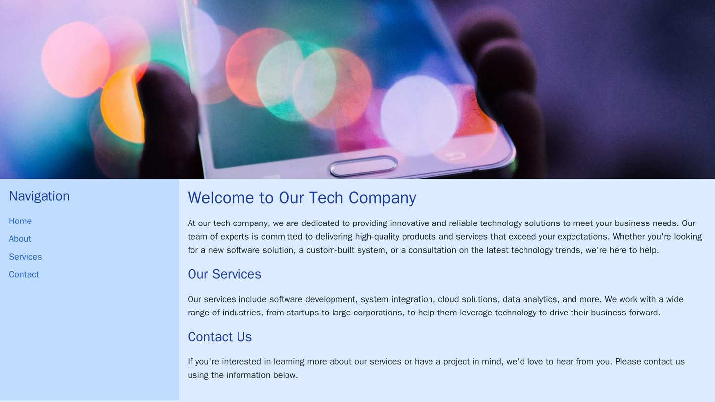 Tech Company: A modern layout with a full-width header image, a left sidebar for navigation and additional information, Web Template 76