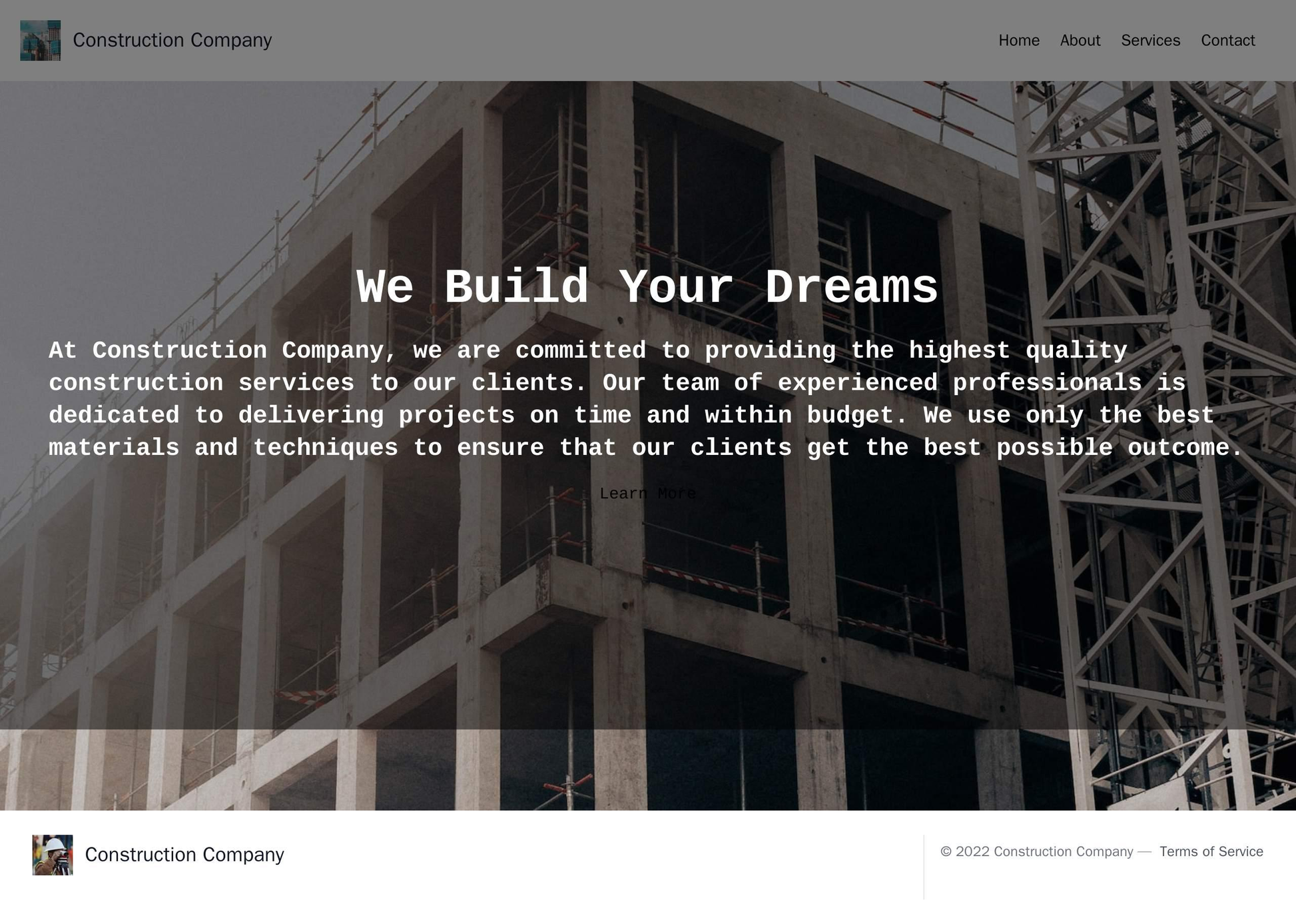 A construction company site with a rugged, industrial design, featuring a large, centered logo, a top menu bar, and a fu Web Template 3586