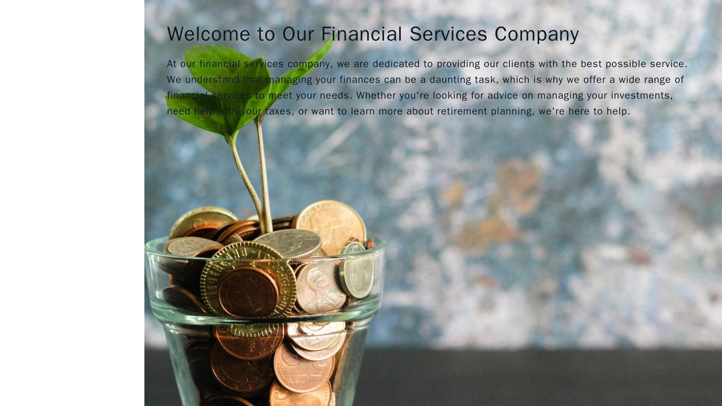 A financial services company site with a subtle duotone color scheme, a fixed left-side navigation panel with a dropdown Web Template 2086