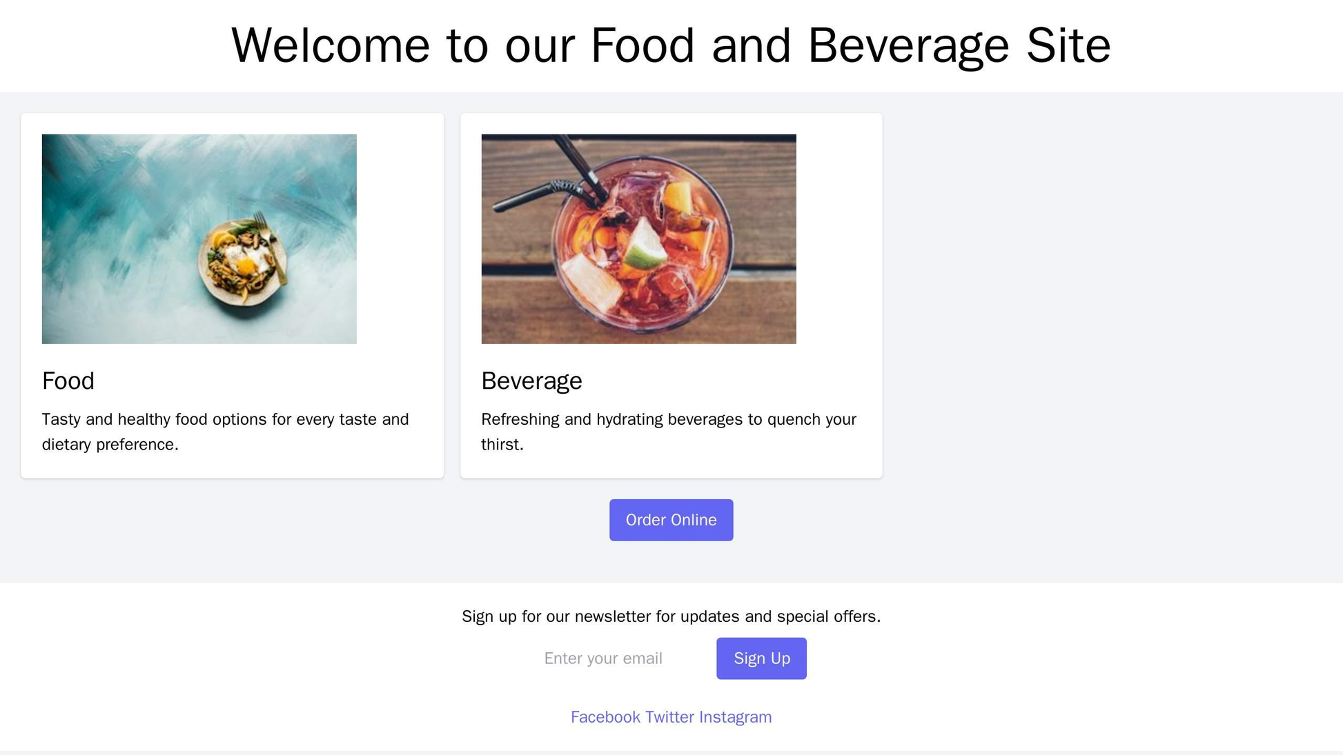 A food and beverage site with a grid layout featuring images and descriptions of products, a prominent call-to-action bu Web Template 4026