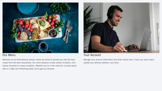 A food delivery service site with a right-side panel featuring user account information and order history. The left side Web Template 2043