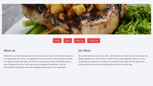 A food delivery service site with a large, appetizing image of a meal at the top, a horizontal navigation bar, and a two Web Template 4833