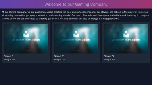 A gaming company site with a dark color scheme, a bold header with animated effects, and a grid layout for showcasing th Web Template 2225