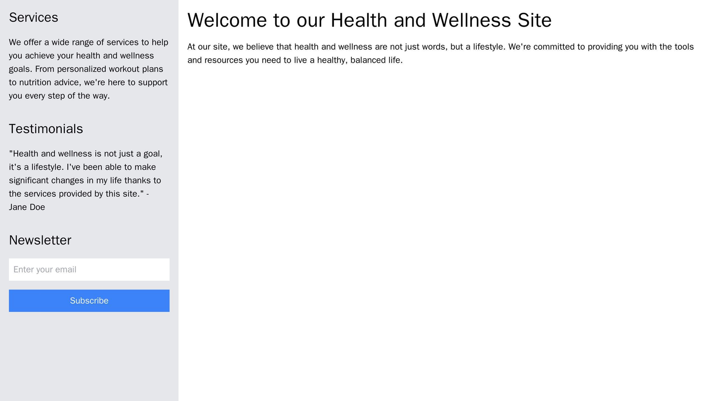 A health and wellness site with a left sidebar featuring content blocks for services, testimonials, and a newsletter sig Web Template 2224