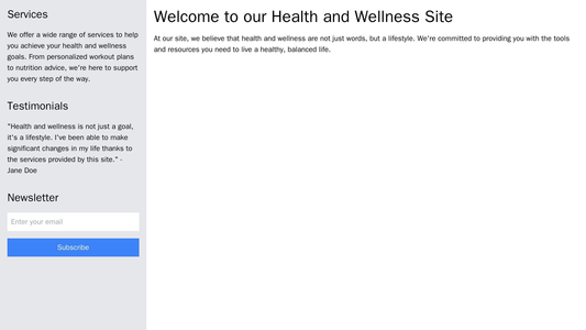 A health and wellness site with a left sidebar featuring content blocks for services, testimonials, and a newsletter sig Web Template 2224