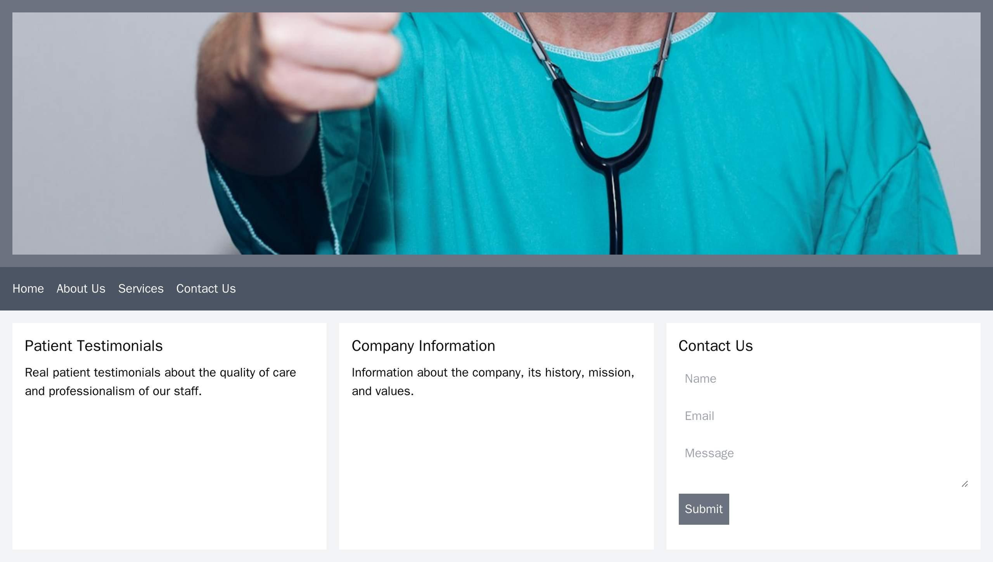 A healthcare company site with a header image, a top navigation bar, and a three-column layout featuring patient testimo Web Template 4777