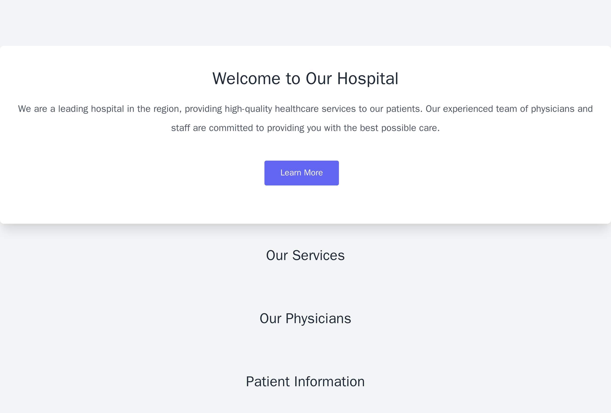 A hospital website with a clear and simple design, featuring a prominent call-to-action button and a large banner image. Web Template 3197