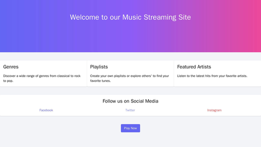 A music streaming site with a colorful horizontal banner, a three-column design for genres, playlists, and featured arti Web Template 4076