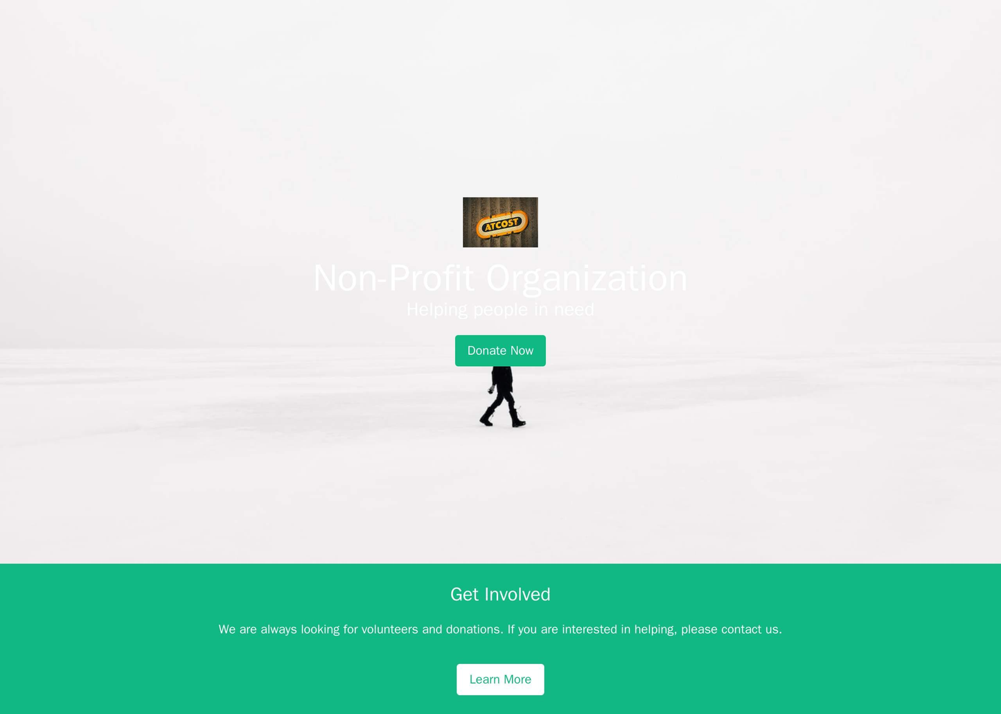 A non-profit organization site with a centered logo and call-to-action button, a full-width hero image featuring people  Web Template 4484