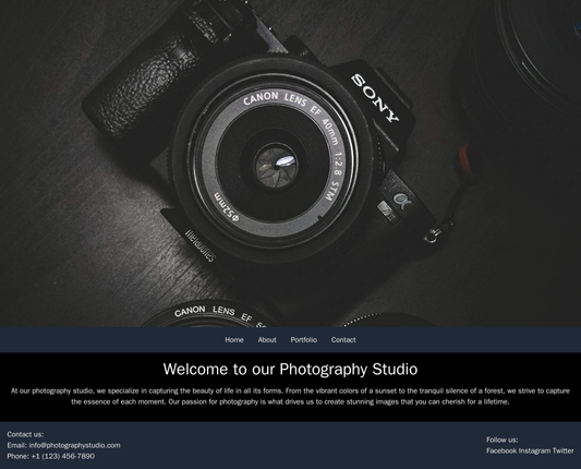 A photography studio site with a black-and-white color scheme and a large, centered hero image showcasing their best wor Web Template 3853