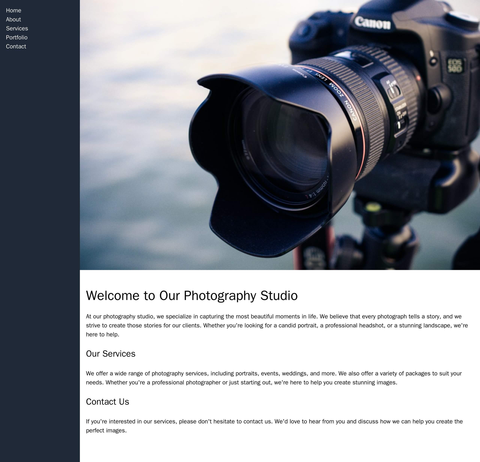 A photography studio site with a full-screen hero image, navigation menu on the left, content aligned to the right, mono Web Template 4369