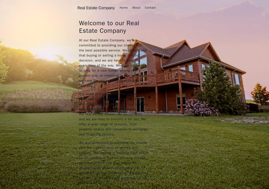 A real estate company site with a large, full-screen image of a property and a scrolling text overlay. The navigation me Web Template 3075