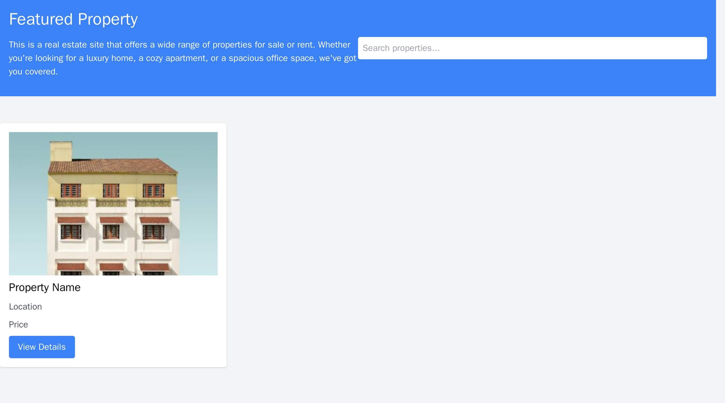 A real estate site with a full-width header featuring a featured property and a search bar on the right. The landing pag Web Template 3163