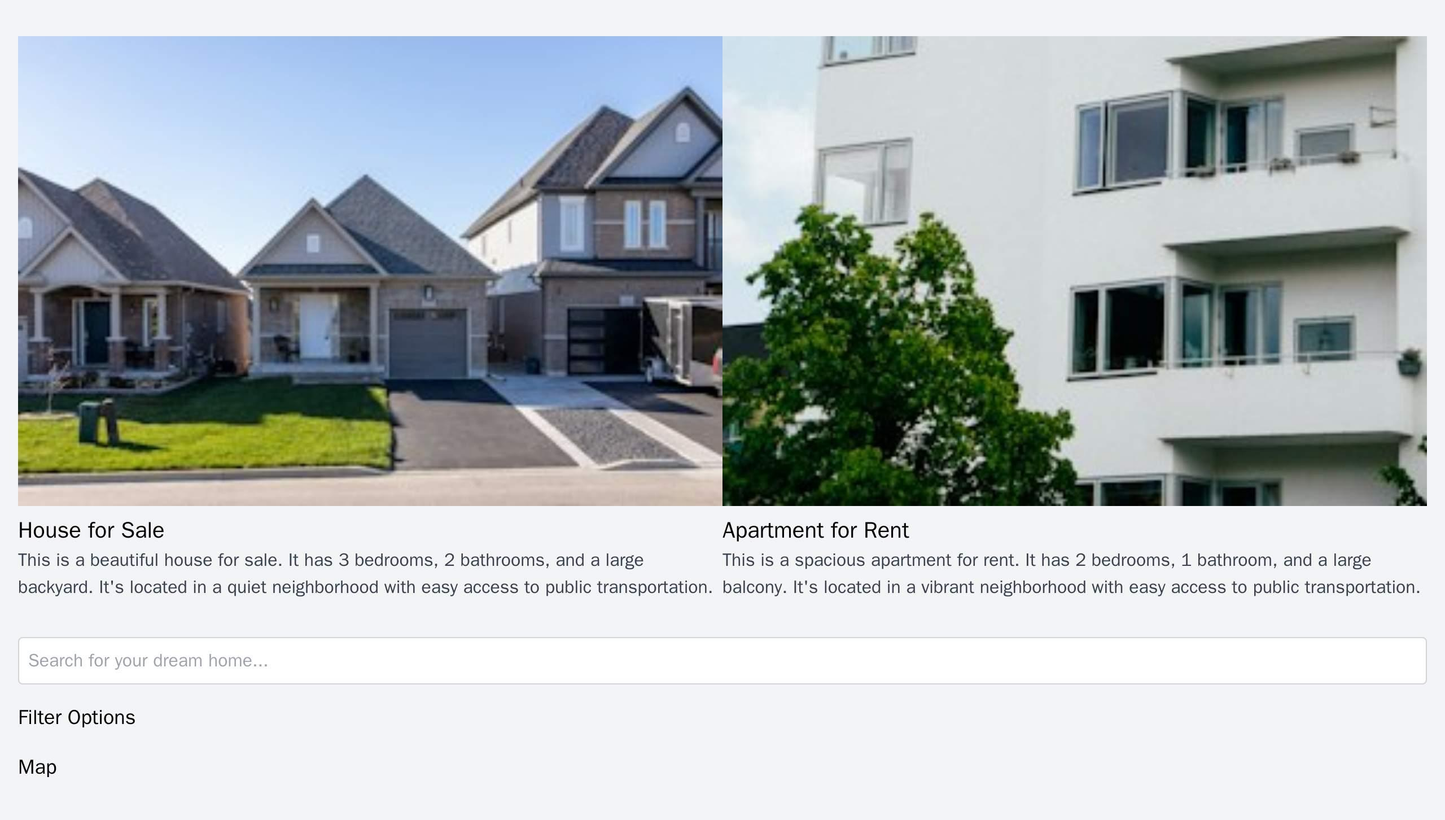 A real estate site with a split layout showcasing two properties side-by-side above the fold, with a prominent search ba Web Template 3778