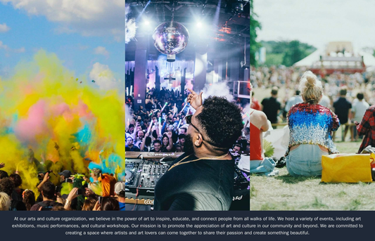 An arts and culture organization site with a full-screen slider of event photos, a circular static logo in the center, a Web Template 4197