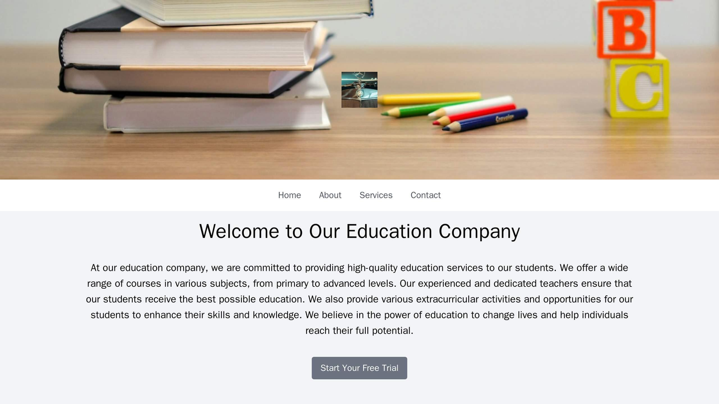 An education company site with a full-width header image, a top menu with logo and navigation links, and a centered call Web Template 4776