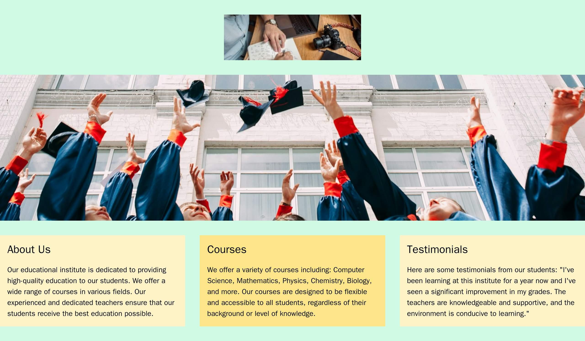 An educational institute site with a centered logo, a full-width header image, and a three-column design for About Us, C Web Template 4075