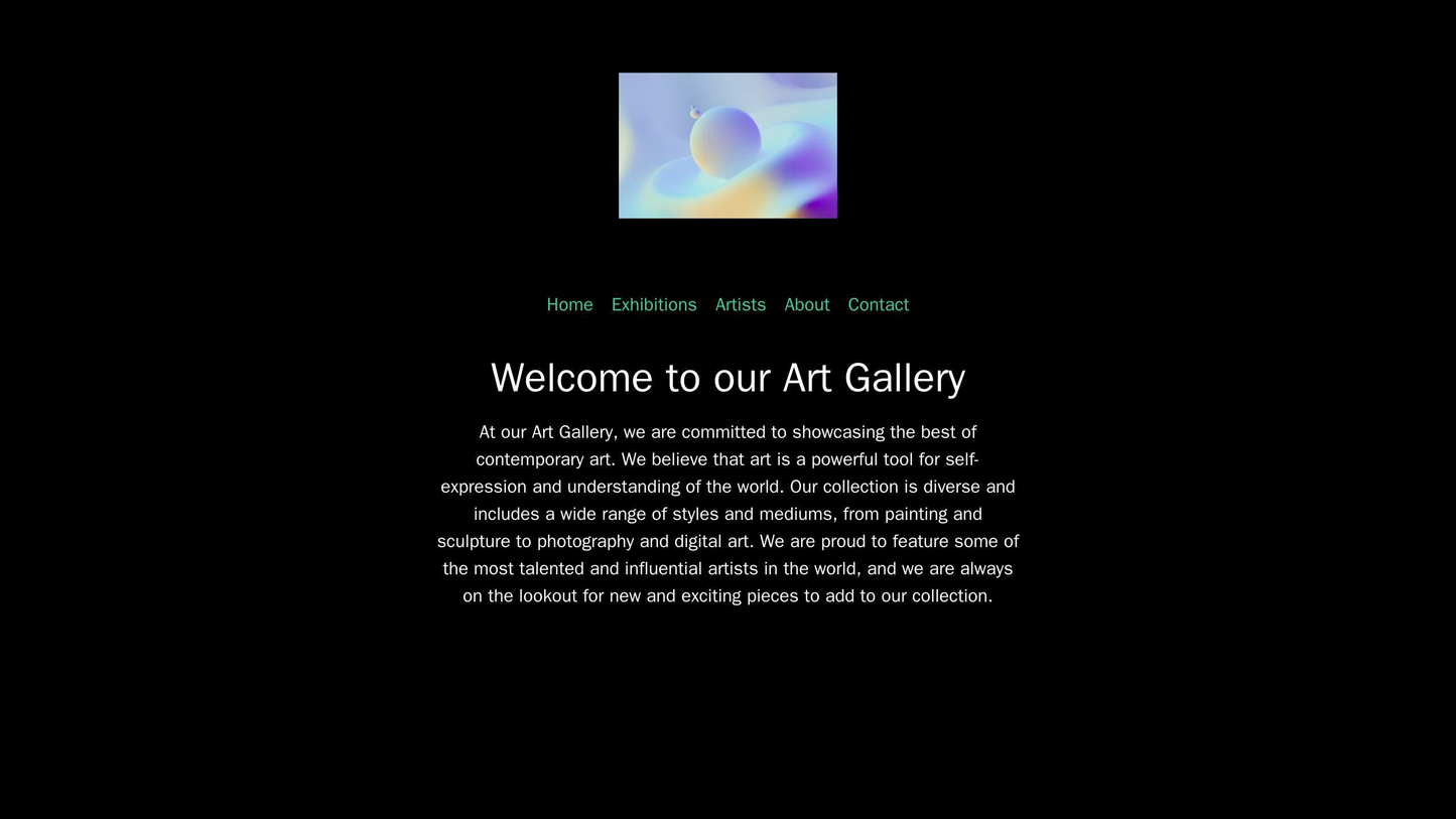 Art Gallery: A visually stunning design with a black background, a large, centered logo, a simple top navigation menu, a Web Template 2386