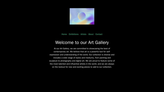 Art Gallery: A visually stunning design with a black background, a large, centered logo, a simple top navigation menu, a Web Template 2386