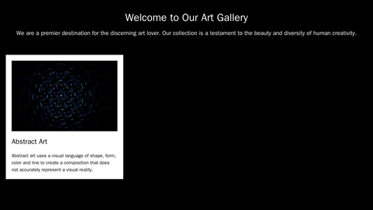 Art Gallery: A gallery-style layout with a centrally placed artistic abstract design or painting, a simple black or whit Web Template 3635