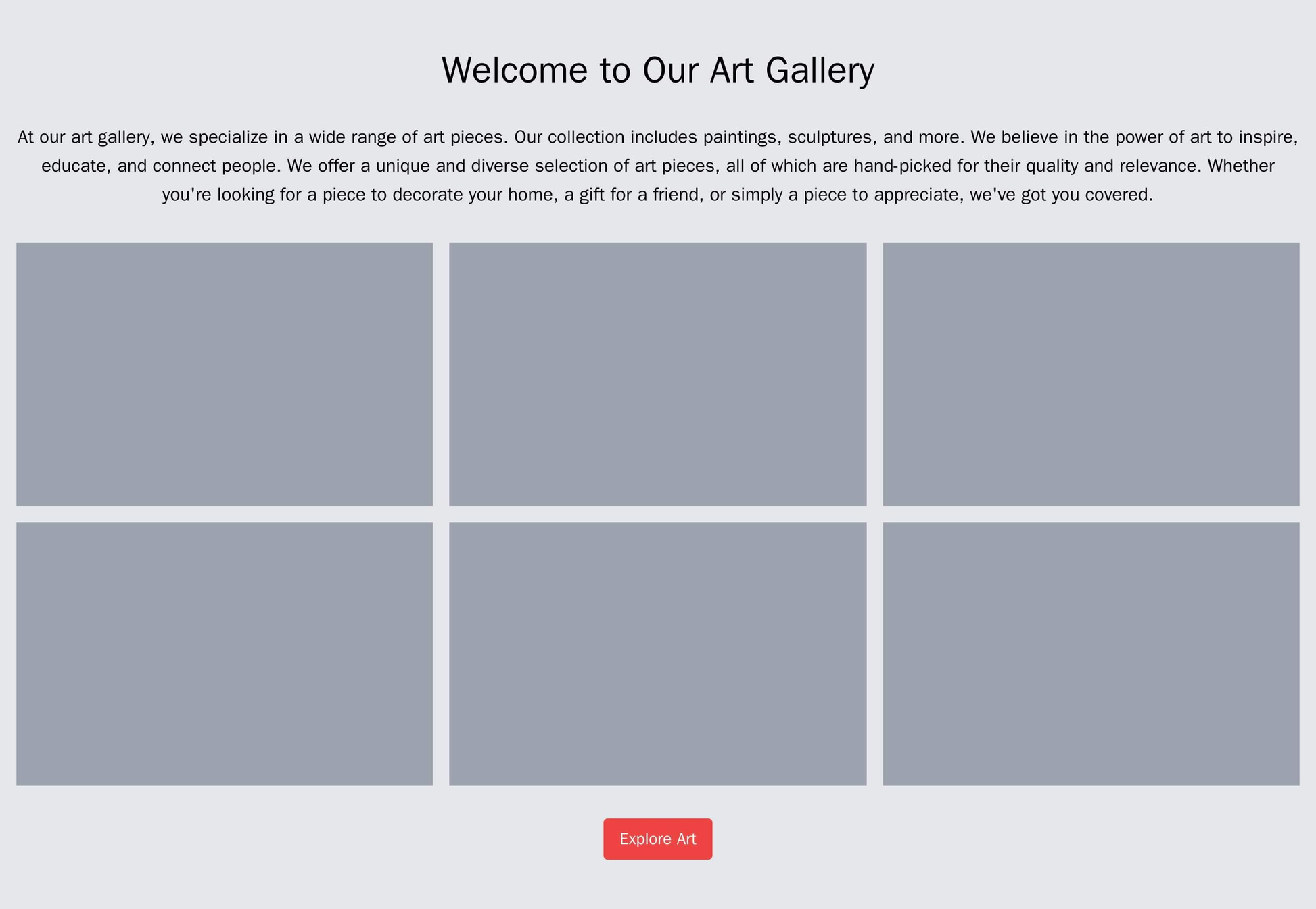 Art Gallery: A mosaic layout displaying images of various art pieces with an overlay showing the title, artist name, and Web Template 4577