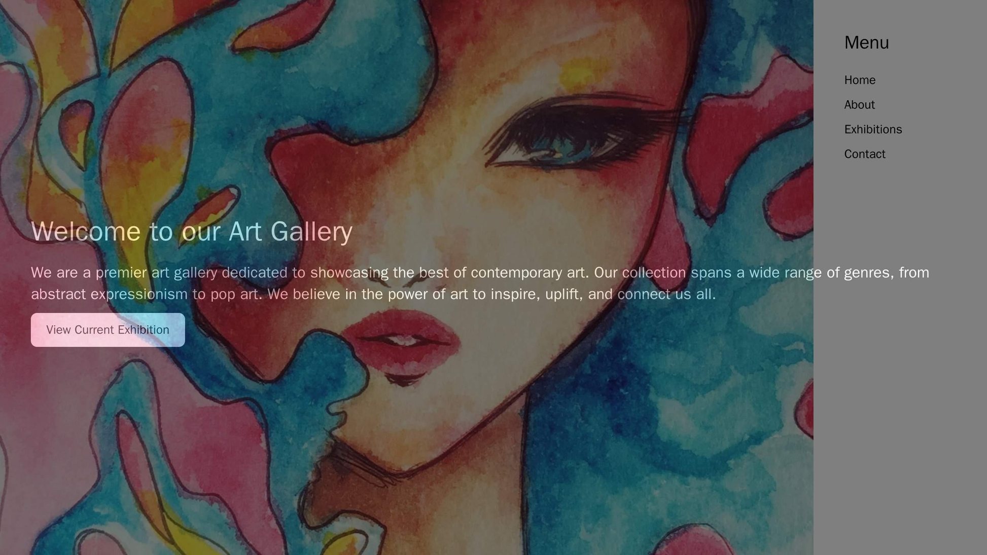 Art Gallery: A full-screen image slider featuring pieces of art. A menu with a white background is positioned at the rig Web Template 4782