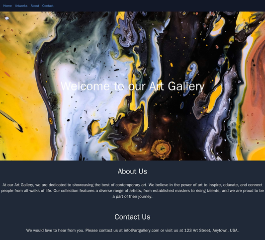 Art Gallery Website: A full-screen image slideshow for featured artwork, a navigation bar at the top, and a dark color p Web Template 4564