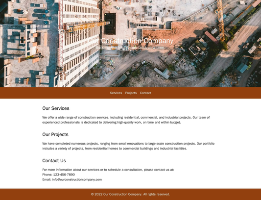 Construction Company: A rugged design featuring a large header image with the company logo and tagline overlaid. Navigat Web Template 2217