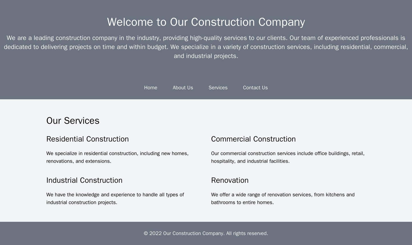 Construction Company: A modern design with a full-width header and a centrally-aligned logo. The main navigation menu is Web Template 4020