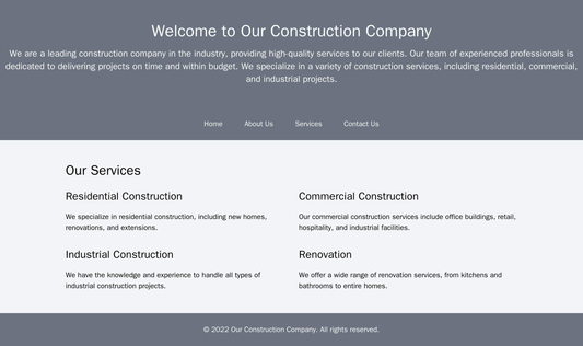 Construction Company: A modern design with a full-width header and a centrally-aligned logo. The main navigation menu is Web Template 4020