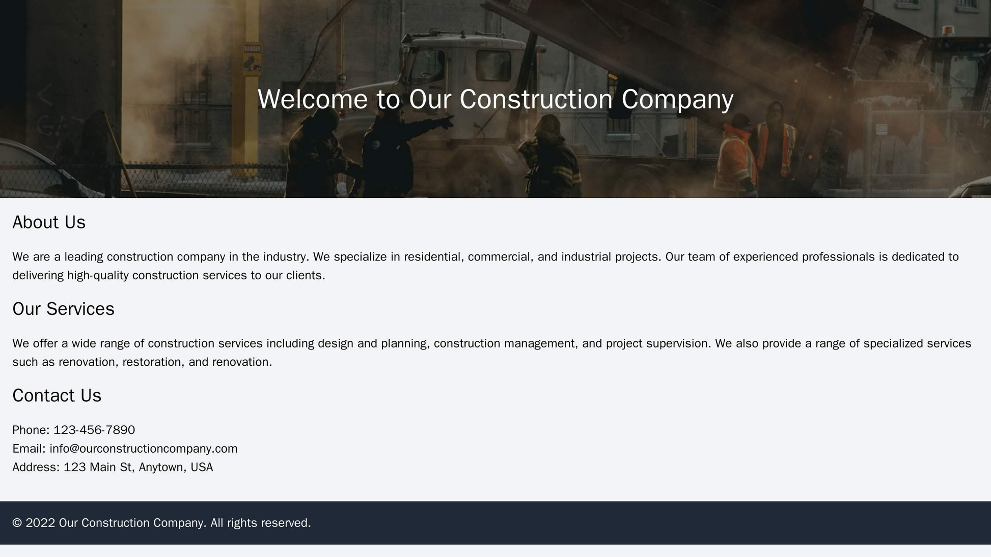 Construction Company: A full-width header featuring an impressive architectural image with overlaid text about the compa Web Template 4164