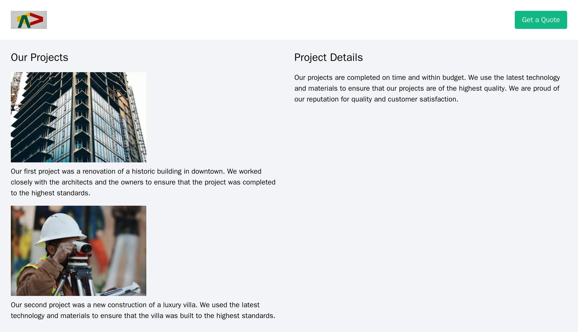 Construction Company Website: A two-column layout with a project gallery on the left and project details on the right. A Web Template 4064