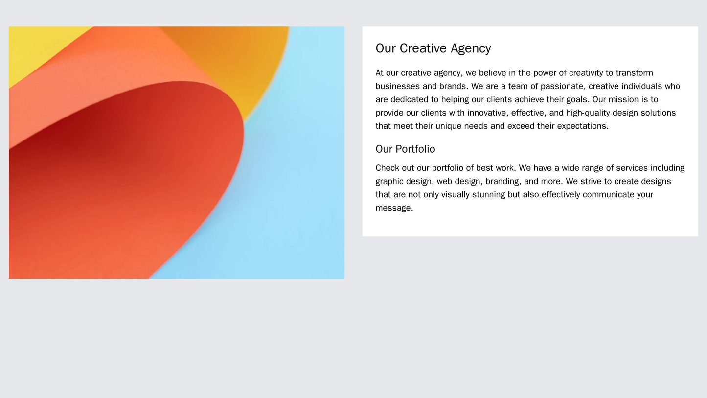 Creative Agency: A two-column design featuring a full-bleed hero image of a creative project underway in one column, and Web Template 3819